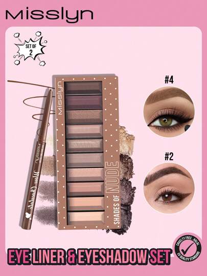 Misslyn Eyeshadow & Eyeliner Set, Waterproof, Volumizing, Buildable, Creates Full, Voluminous-Looking Brows, , Pigmented Matte & Shimmer Shades, Long Lasting, Blendable Powder, Natural Colors, Rich Colors With Velvety Texture, Eyeshadow Palette Includes Applicator, Valentine's Day Gifts,Vegan,Cruelty Free