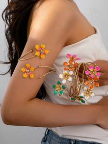 1 件花卉吊坠欧美时尚别致风格女士度假装开口袖口手链 - 橘色 - 查看 2