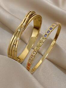 18K镀金不锈钢多宝石水晶手链套装，女士奢华彩色立方氧化锆和钻石切割手镯，可叠戴的现代珠宝，母亲节礼物，波西米亚风夏季海滩派对必备，日常派对旅行配饰，锐舞/晚宴珠宝，黄金珠宝，返校礼物 - 彩色 - 查看 3