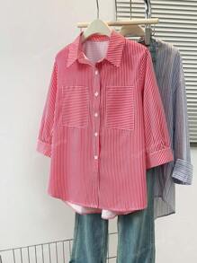 Women's Striped Lapel 3/4 Sleeve Shirt With Button Front & Mock Pocket - Casual Festival Date Night Top For Spring Fall