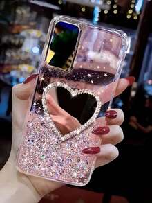 1pc Starry Sky Glitter Heart Makeup Compact Mirror With Beaded Bracelet, Phone Case Compatible With Samsung Galaxy S8/ 16, Compatible With Redmi Note 11 4G, Compatible With OPPO A54, Compatible With Infinix Smart 8/Compatible With Infinix Hot 40i, Spark 20/ Spark 20C/ Spark Go 2024, Portable Waterproof Shockproof Anti-Fall Scratch Resistant,International Version, Not The Domestic Version - Pink - View 2