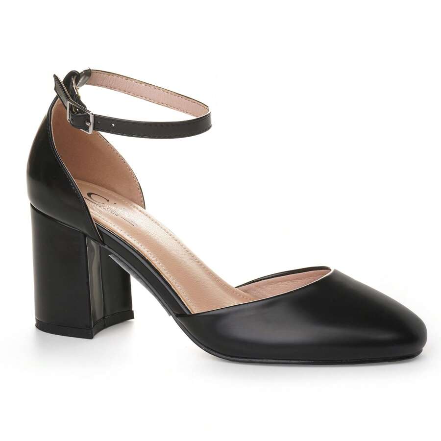 优雅粗跟踝带女士高跟鞋，尖头设计 - 黑色 - 查看 1