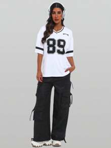 Locker geschnittenes V-Ausschnitt Oversized T-Shirt mit NEW YORK Aufdruck in Englisch und Zahlen Grafik Oberteile für Frauen