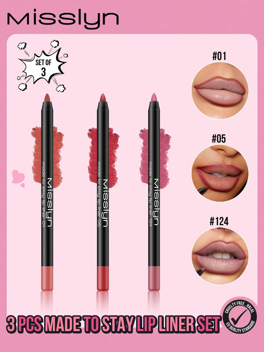 Misslyn 3支装持久唇线笔套装，持久显色，顺滑配方，防水防汗，质地细腻易上妆，色泽鲜艳，适合Y2K妆容、派对、海滩、旅行、度假、露营、户外活动、新年、情人节等场合，是时尚女孩的理想礼物，也适合节日、校园、春节、情人节等场合。纯素配方，不含动物成分。 - Shade 05+124+01 - 查看 1