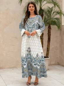 Middle Eastern Dress Abaya New Muslim Dress Retro Print Dress Slim Fit Round Neck Robe