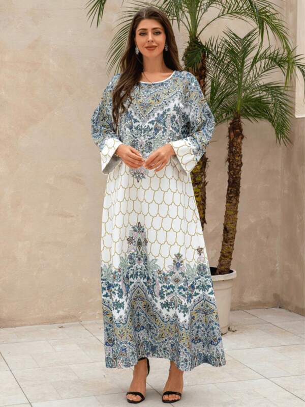 Middle Eastern Dress Abaya New Muslim Dress Retro Print Dress Slim Fit Round Neck Robe