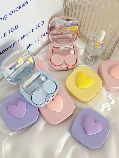 XIANG YU Nuevo estuche de lentes de contacto de color macaron minimalista, caja cosmética para lentes, diseño 3D en forma de corazón, versión coreana portátil y compacta, caja de almacenamiento elegante y de alta gama para la escuela