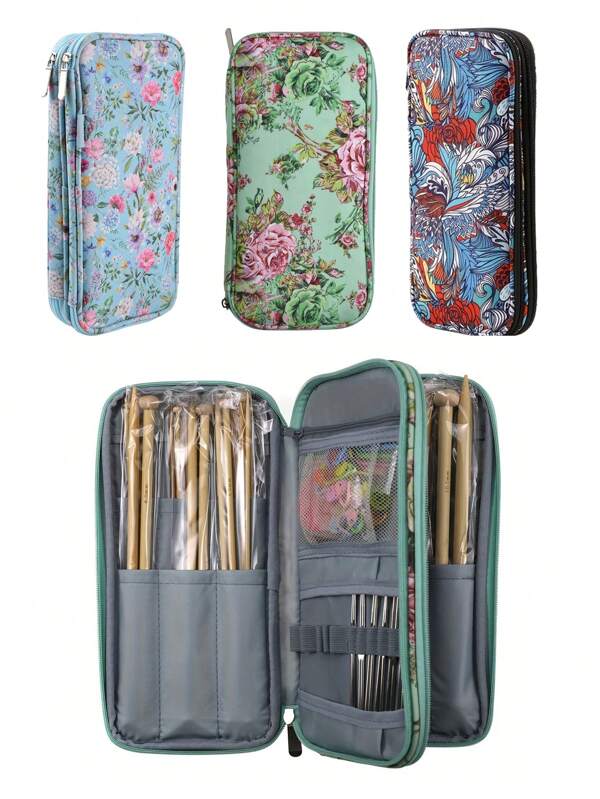 1pc Vintage Floral Print Crochet & Knitting Needle Organizer, Long Storage Pouch For Knitting Accessories, Sweater Needles, Circular Needles, Sewing Supplies, Zipper Closure - Fabric Craft Organizer With Multiple Color Options, Sewing Storage