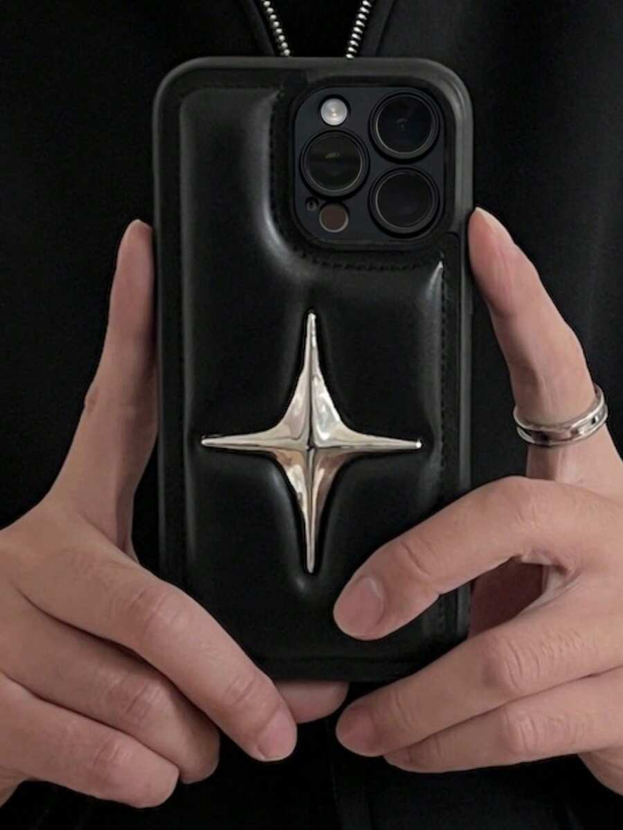 1pc Y2K Silver Electroplated Cross Star 3D Leather Phone Case Compatible With IPhone16 15 14 13 12 11 Pro Max Soft Leather Back Cover - Black - View 1