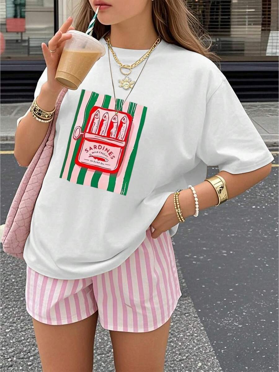 10 Pack Girls Casual Printed Crew Neck Short Sleeve T-Shirt Summer Student Youth Clothing - 白色 - 查看 1