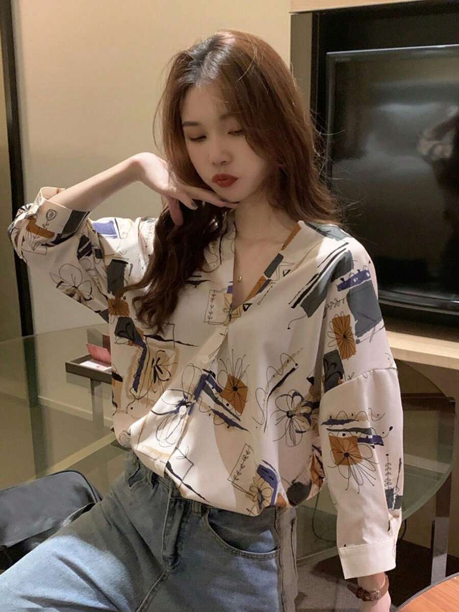 Áo sơ mi dài tay nữ tay lửng, họa tiết hình học trừu tượng, in ngẫu nhiên, cài cúc phía trước, thích hợp cho du lịch mùa xuân/hè, tay lỡ. - Màu be - Xem 1