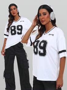 Locker geschnittenes V-Ausschnitt Oversized T-Shirt mit NEW YORK Aufdruck in Englisch und Zahlen Grafik Oberteile für Frauen