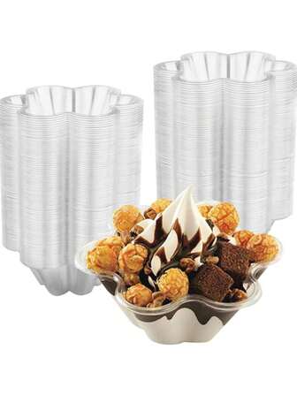Copa transparente para helado: Aproximadamente 250ml Tazón hexagonal desechable con diseño de flor de ciruelo, adecuado para postre de helado, yogur, gelatina, aperitivos, frutas y fresas crocantes | Perfecto para fiestas y servicios de postres, tazón para helado