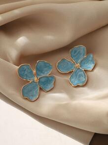 Summer Turquoise Women's Zinc Alloy Stud Earrings - Hawaiian 4-Petal Flower Design Bohemian Style Enamel, Suitable For Beach Vacation