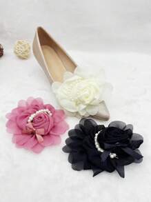 2pcs Handmade Pearl Flower & Rose Bud Chiffon Shoe Clips, DIY Hair Accessories & Brooch Decor
