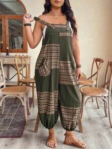 Women's Fashionable Casual Lattice Cuffed Jumpsuit, Loose & Comfortable For Leisure, Beach, Daily Commute, Home, Spring/Summer