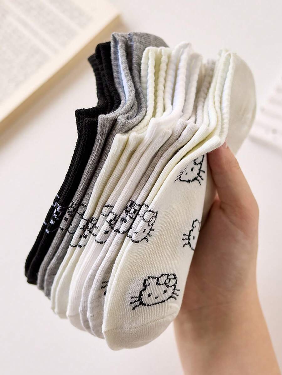 Sanrio Hello Kitty 5 Pairs Of Women's Ankle Socks, Cartoon And Cute Black And White Crew Socks, Suitable For Summer, With Random Colors