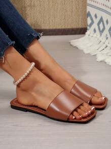 Sandalias planas tipo slip-on negras para mujer talla grande, sandalias de punta cuadrada a la moda aptas para vestidos, elegantes pantuflas de playa para damas, antideslizantes para interior y exterior, de verano