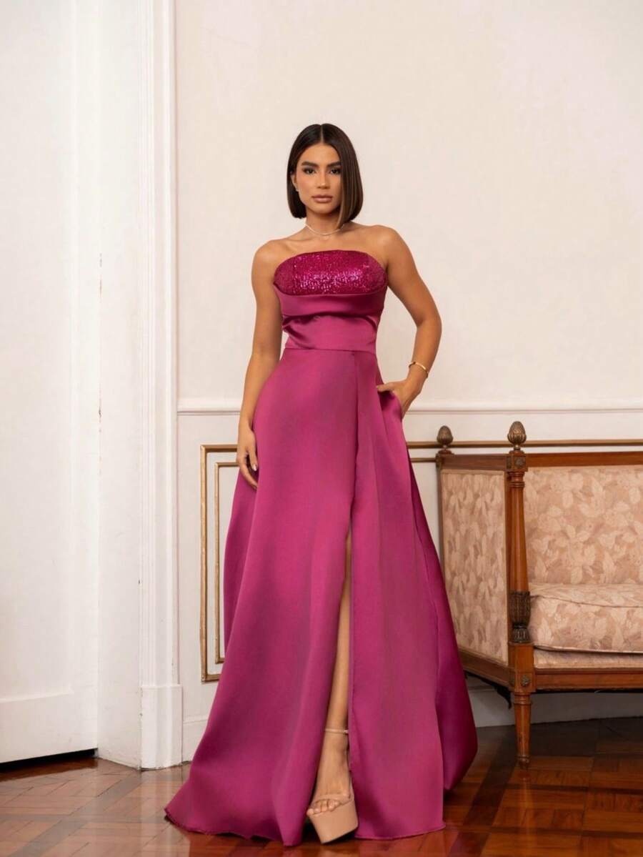 Elegant Strapless Sparkly Party Dress. Elegant Vintage Sexy Shiny Zipper - 紫紅色 - 查看 1