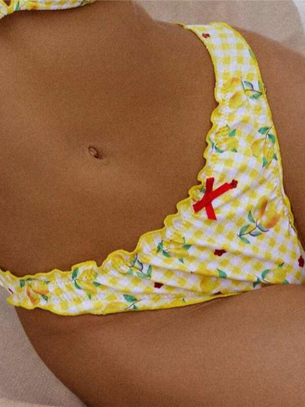 1pc Lemon Print Sexy Fabric Tie-Up Bottom Swimwear, Butter Yellow,Summer Vacation,Women Beach Summer,Summer,Festival,Swimwear Women,Beach Wear