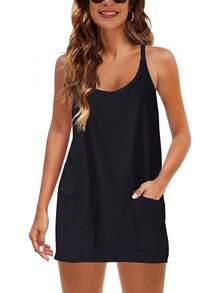 Women's Summer Sleeveless Mini Dress With Built-In Shorts - 黑色 - 查看 6