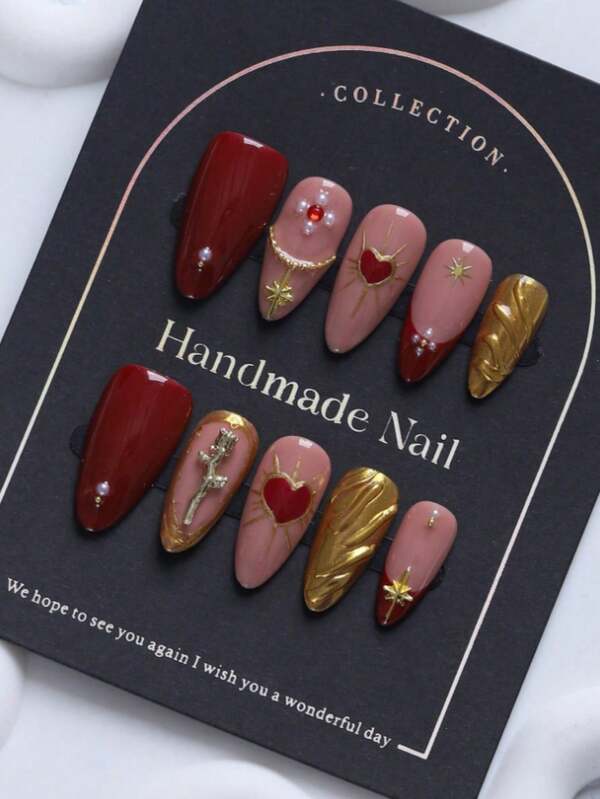 10pcs Set Almond-Shaped Asymmetrical Gold Metallic Red Stiletto Fake Nails, Decorated With Roses, Mini Gold Beads And Pearls, Long Wear Elegant Nails