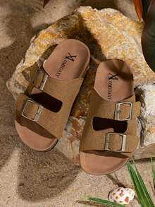 1 Pair Children/Teen Plain Color Flat Sandals, Beach Shoes For Indoor & Outdoor Use, Suitable With Shorts, Summer - Camel - View 4