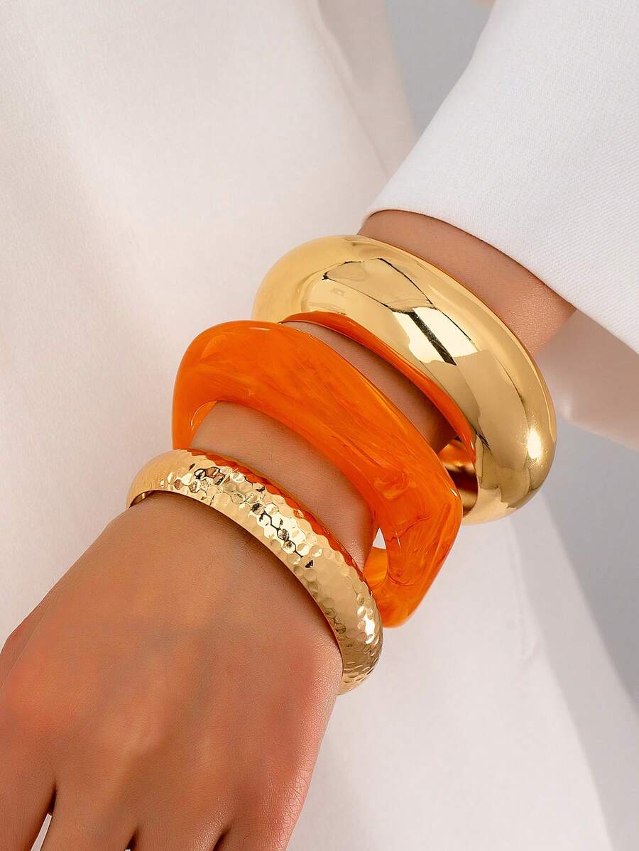 Bộ 3 vòng tay nhựa chunky cỡ lớn, Bộ vòng tay vàng tối giản cho nữ, Trang sức vòng tay xếp chồng thời trang phù hợp với trang phục hàng ngày - Nhiều màu - Xem 1