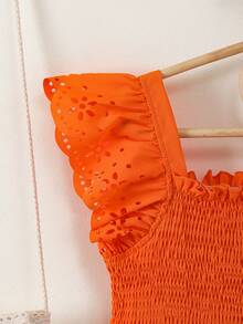 Tween Girls' Solid Color Shirred Floral Ruffle Hem Casual Dress - Orange - View 6