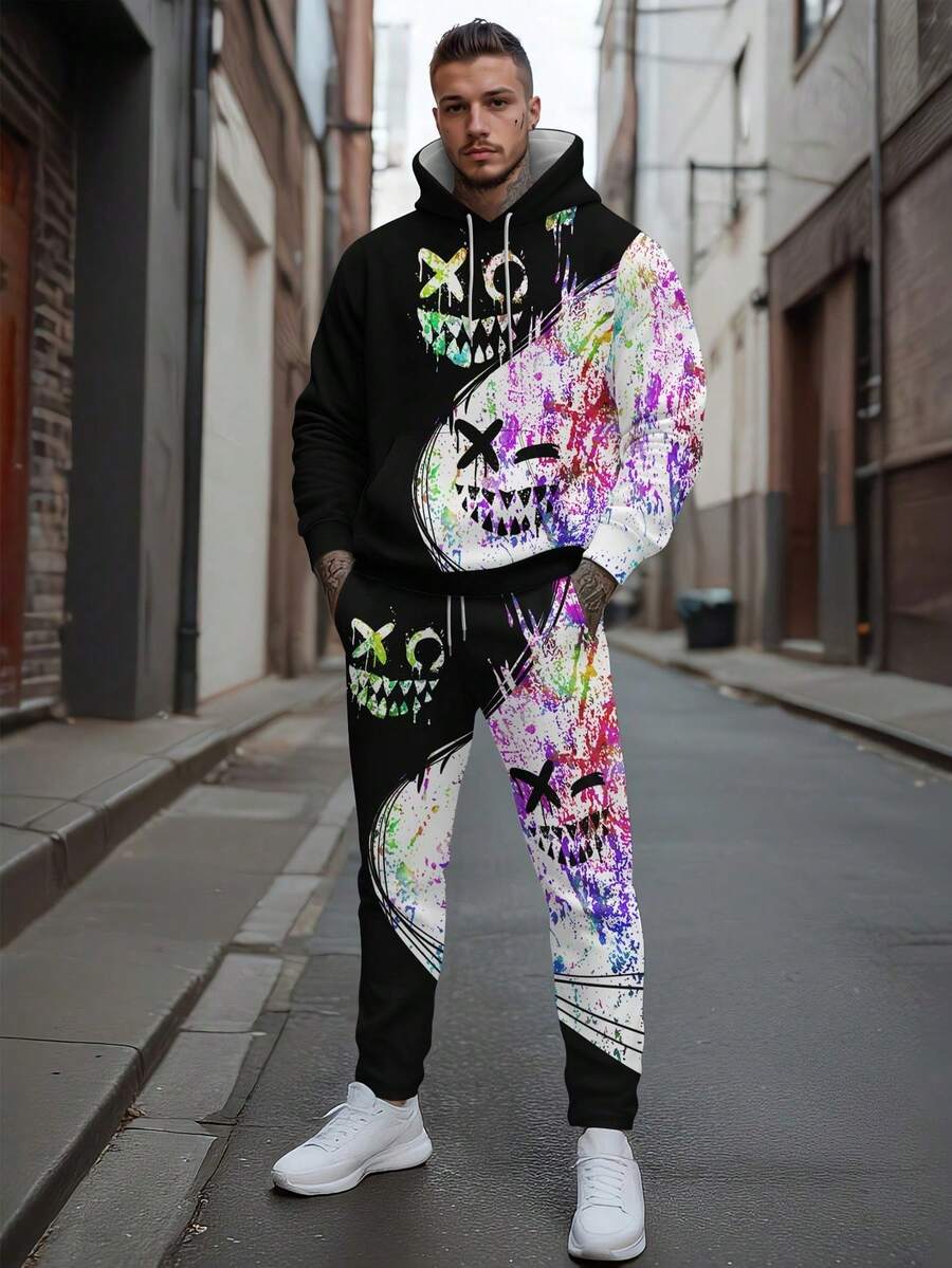 Men's Printed Casual Clothing Set - Men's Casual Street With Pocket L Hoodie And Sports Pants Cool Halloween Gift For Him, Fall Clothes, Cozy Outfits