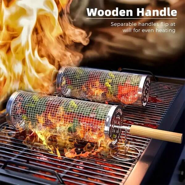 Stainless Steel BBQ Cages With Handles, Portable Rolling Outdoor Barbecue Basket, For Vegetables, French Fries, Fish, Shrimp, Ham Sausage, Outdoor BBQ Essentials