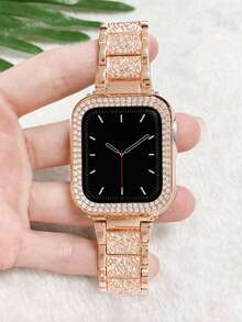 Compatible With Apple Watch Band Women's Beautiful And Luxurious Style Rose Gold Metal Chain Bracelet Strap With Sparkling Crystal Rhinestones, Compatible With Apple Watch 41mm, 40mm, 45mm, 44mm, 38mm, Series 10, 9, 8, 7, Unique Crystal Embedded Design, Thin Women's Band, Metal Jewelry, Elegant Accessory - Rose Gold - View 2