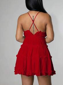 Women's Sexy Backless Sundress - V-Neck Slip Dress With Flutter Hem & Thin Straps, Minimalist Summer Dress For Beach & Date Nights - 紅色 - 查看 4