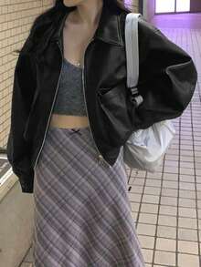 Vintage Stylish Loose Lapel Zip-Up Casual Jacket, Spring Women - Black - View 4
