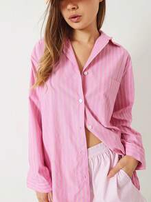 Chemise à manches longues rayée décontractée pour femmes BIANCO LUCCI, convenant pour les vêtements d'automne pour le travail, tenue d'aéroport pour femmes - Rose bonbon - Voir 6