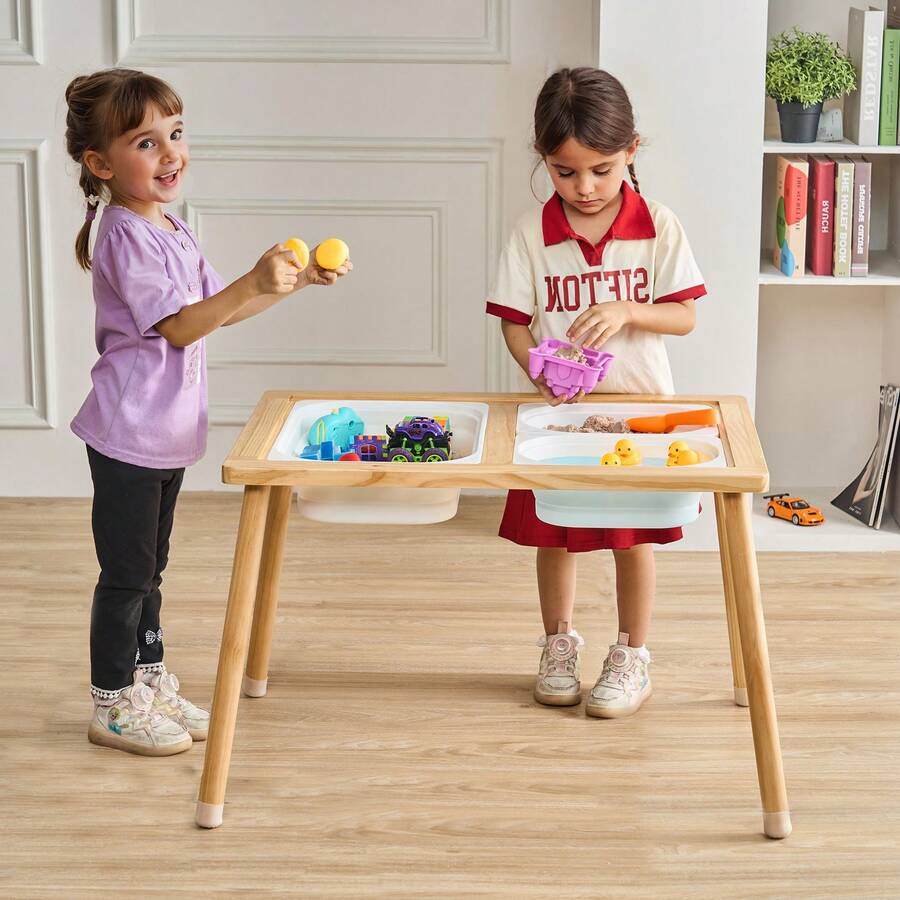 Sensory Table For Toddlers, Kids Activity Table With 3 Foldable Storage Bins & Double-Sided Board, Indoor/Outdoor Play Sand And Water Table, Wooden Kids Sensory Table For Drawing Studying Dining - Có hộp đựng đồ - Xem 1