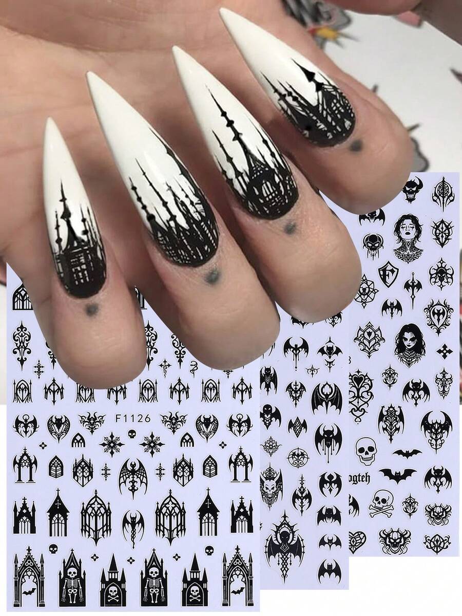 3 miếng dán móng tay phong cách Gothic, họa tiết thánh giá, dơi, đầu lâu, decal móng tay 3D, phù hợp cho các cô gái cá tính, Halloween, lễ hội âm nhạc. - màu đen - Xem 1