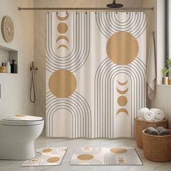 1/4pcs Bohemian Golden Sun Theme Bathroom Set, Including Shower Curtain, Bath Mat, U-Shaped Toilet Mat, Toilet Lid Cover, Waterproof Shower Curtain, Fashionable Decorative Doorway Curtain, Sunshade Curtain, Modern Bathroom Partition Curtain, No Drilling Required, Polyester, Machine Washable Back To School Bathroom Decor