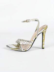 Women's Rhinestone Chain Ankle Strap Pointed Toe Stiletto Heel Sandals, Sparkling Formal Party High Heels, Silver Color - Gold - View 6