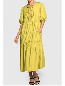 SANSSOUCI TIE FRONT TIERRED POLY COTTON MIDI SKIRT  Plain    Elegant  Casual  Modest    Woven Fabric    Tiered Layer  Tie Front    DRESS  Beach  Home  Baby Shower Party  Daily  Elegant And Casual  Tea Party  Brunch    SPRING SUMMER - 綠色 - 查看 1