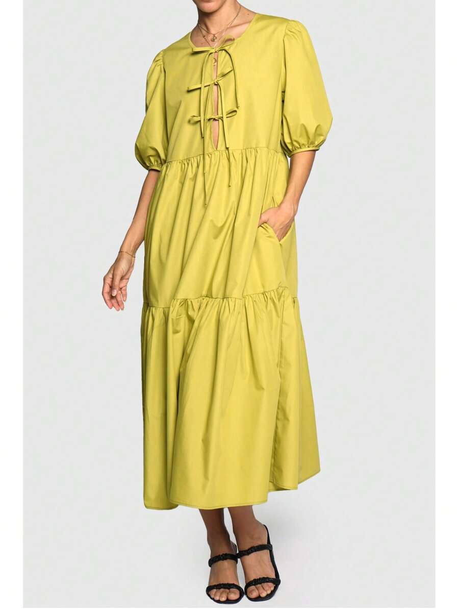 SANSSOUCI TIE FRONT TIERRED POLY COTTON MIDI SKIRT  Plain    Elegant  Casual  Modest    Woven Fabric    Tiered Layer  Tie Front    DRESS  Beach  Home  Baby Shower Party  Daily  Elegant And Casual  Tea Party  Brunch    SPRING SUMMER - 綠色 - 查看 1