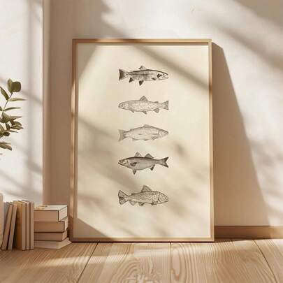 1 件/套中性复古鱼类海报，每日捕捞艺术印刷品，米色简约海鱼墙饰，渔夫美学墙饰，沿海厨房墙饰，鱼类爱好者的海鲜海报，无框架