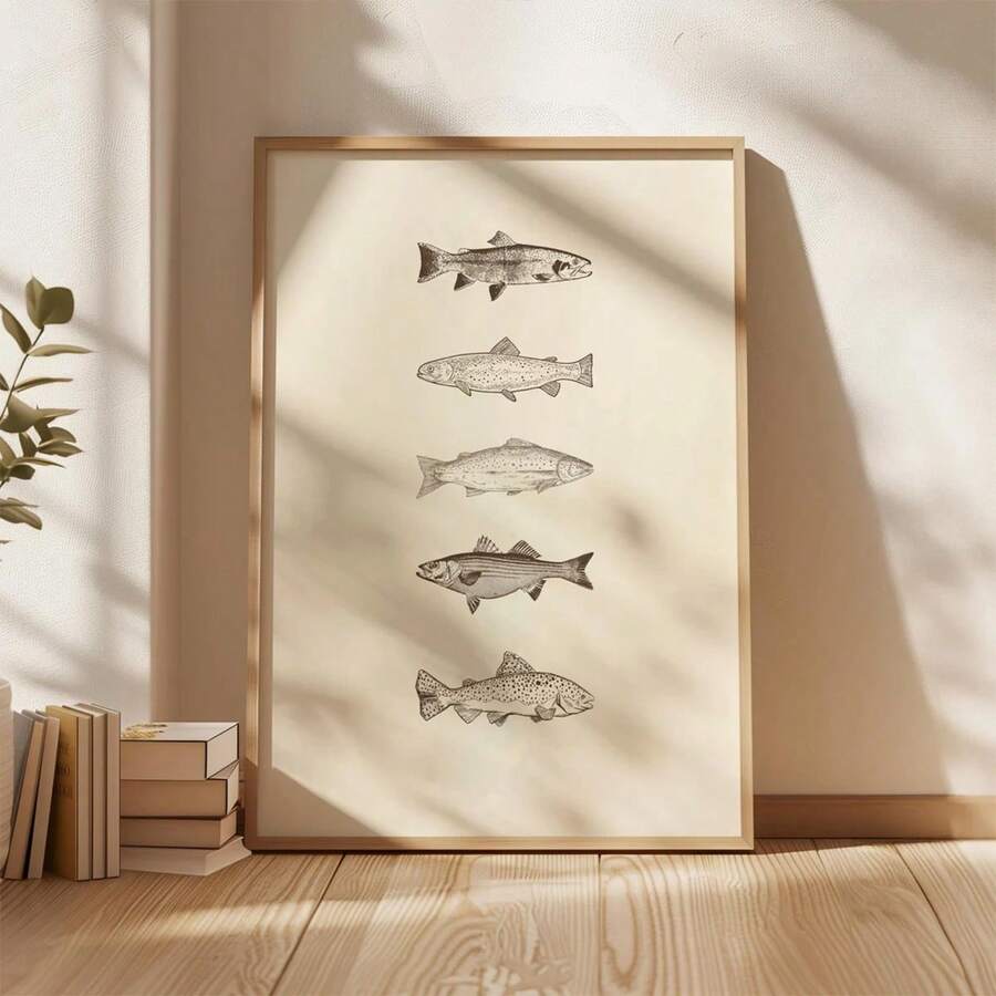 1 件/套中性复古鱼类海报，每日捕捞艺术印刷品，米色简约海鱼墙饰，渔夫美学墙饰，沿海厨房墙饰，鱼类爱好者的海鲜海报，无框架