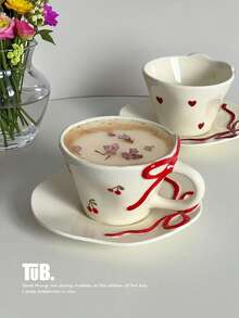 1 Bộ tách cà phê và đĩa lót hình nơ nổi, Bộ tách và đĩa lót hình trái tim tráng men, Đĩa tráng miệng hình nơ, Cốc cà phê/cốc bất đối xứng được kẹp bằng tay, Bộ tách và đĩa lót trà chiều gia dụng - Nhiều màu - Xem 8