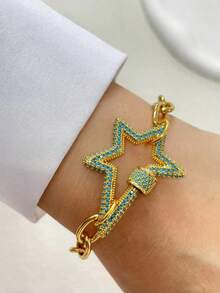STYLEVER 1 PC Gold Five Pointed Starburst Bracelet, Set With Diamonds, Stainless Steel Chain, Suitable For Holiday Gifts, Exquisite Matching - Yellow Gold - View 9