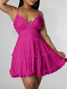 Women's Sexy Backless Sundress - V-Neck Slip Dress With Flutter Hem & Thin Straps, Minimalist Summer Dress For Beach & Date Nights - 玫紅色 - 查看 5