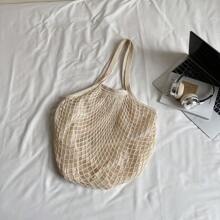 Large Capacity Bow & Ocean Element Decor Mesh Woven Tote Bag For Women, New Hollow Out Weaved Shoulder Handbag For Beach, Summer Vacation