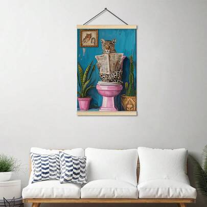 1 Tranh canvas có khung gỗ, tranh treo tường in được, tranh vẽ báo đốm tối giản đang uống cà phê, trang trí quán cà phê Dopamine, trang trí nhà bếp đầy màu sắc và thời trang, tranh bình minh sống động.