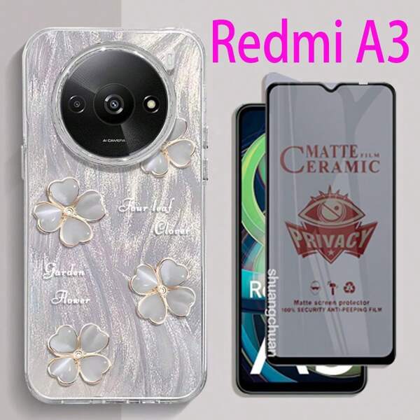 Anti-Peeping Ceramic Full Screen Protective Soft Film + Fashionable Four-Leaf Clover Graphic Phone Case