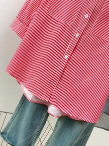 Women's Striped Lapel 3/4 Sleeve Shirt With Button Front & Mock Pocket - Casual Festival Date Night Top For Spring Fall